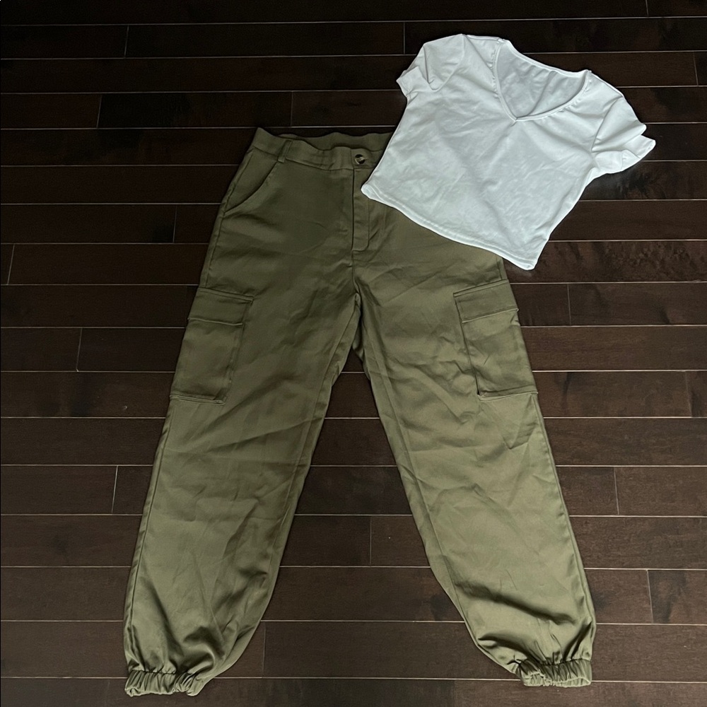 Cute sz M outfit- White V-Neck Tee and Olive Cargo Pants
